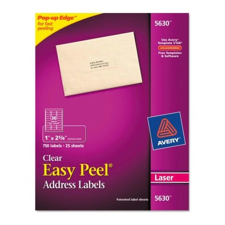 Avery® Easy Peel Laser Mailing Labels, 1 X 2-5/8, Clear, 750/Box